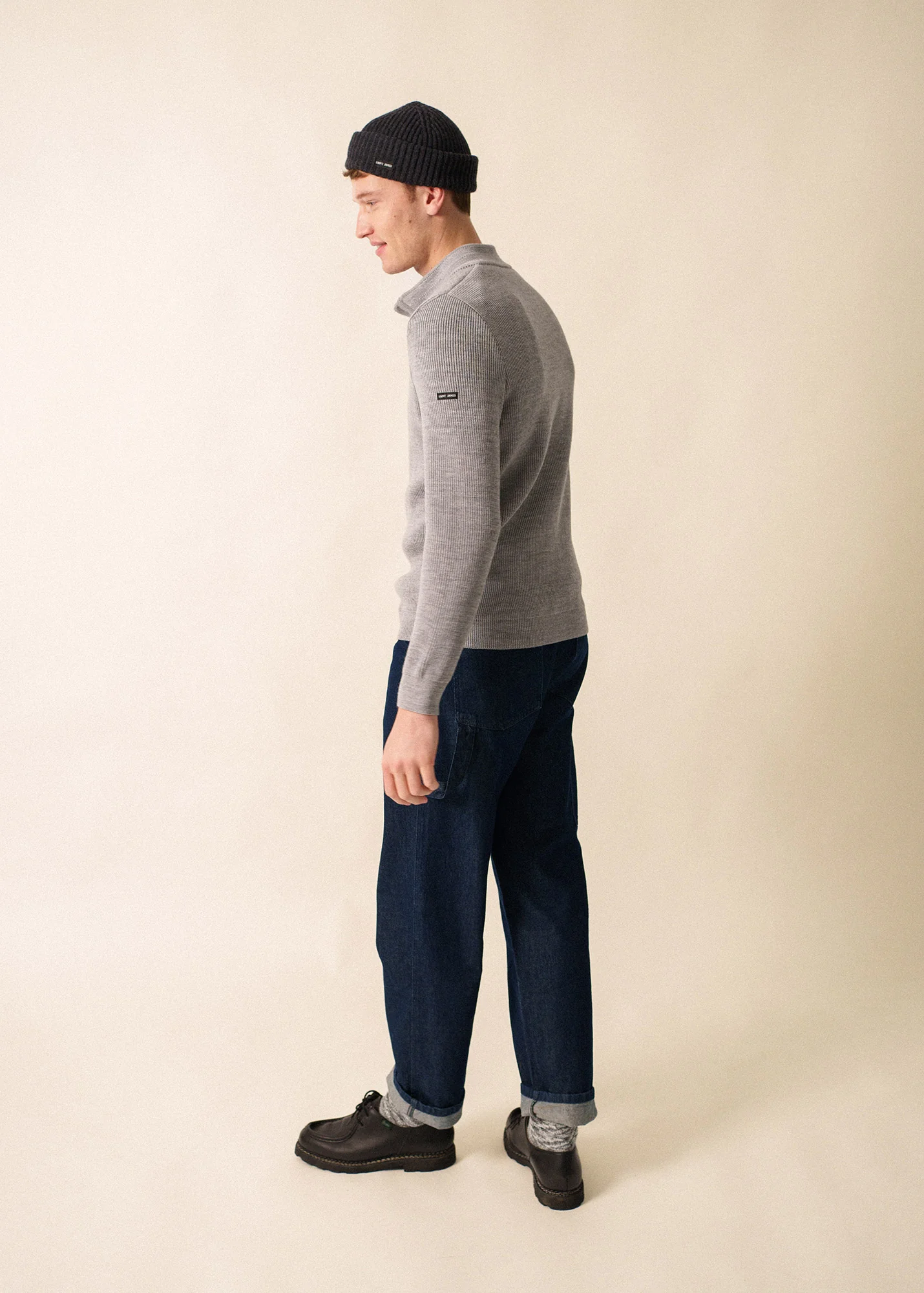 Bourboule buttoned high neck jumper - in wool, herringbone pattern (GRIS CLAIR) - Image 2