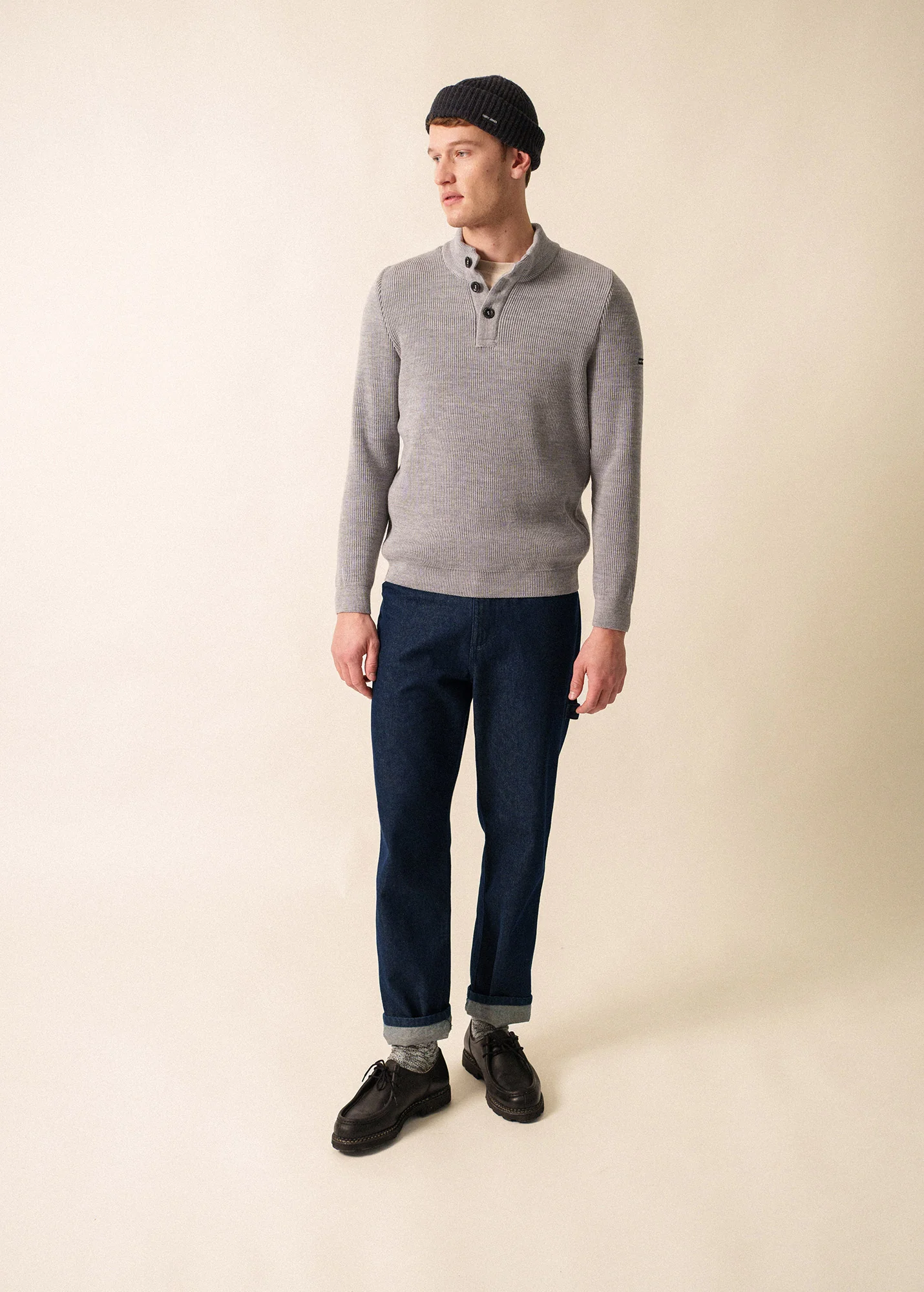 Bourboule buttoned high neck jumper - in wool, herringbone pattern (GRIS CLAIR) - Image 3
