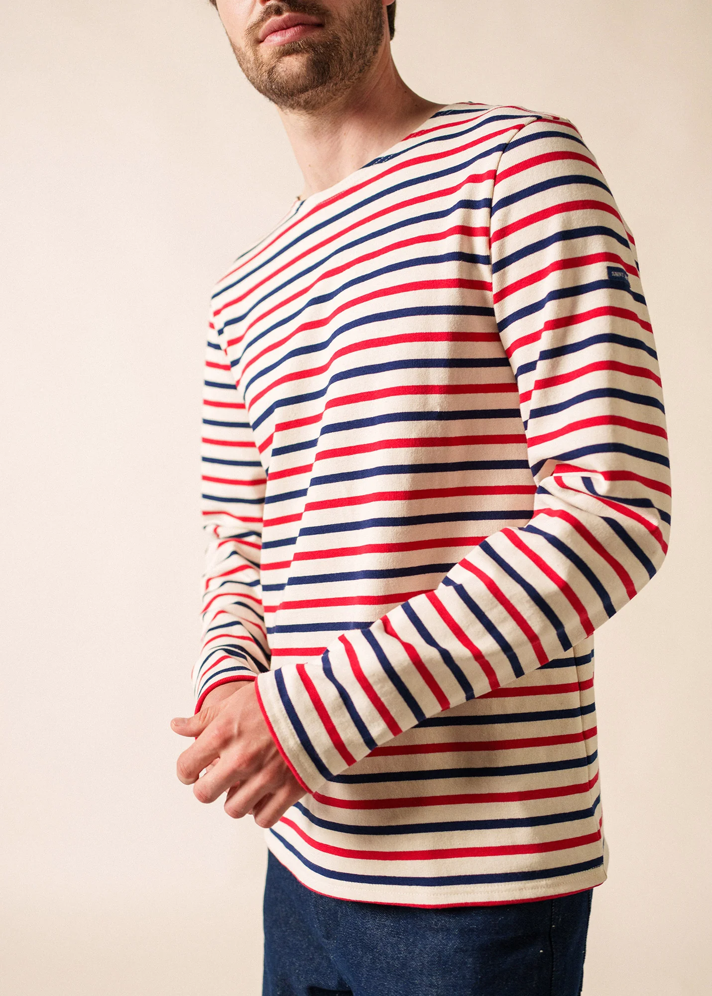 Meridien unisex tricolour striped sailor shirt - regular fit, in thick cotton (ECRU/MARIN/TULIPE) - Image 4