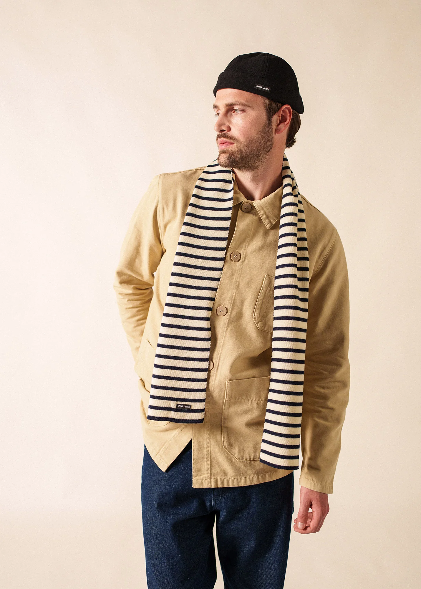 Striped scarf - in pure new wool (ECRU/MARINE)